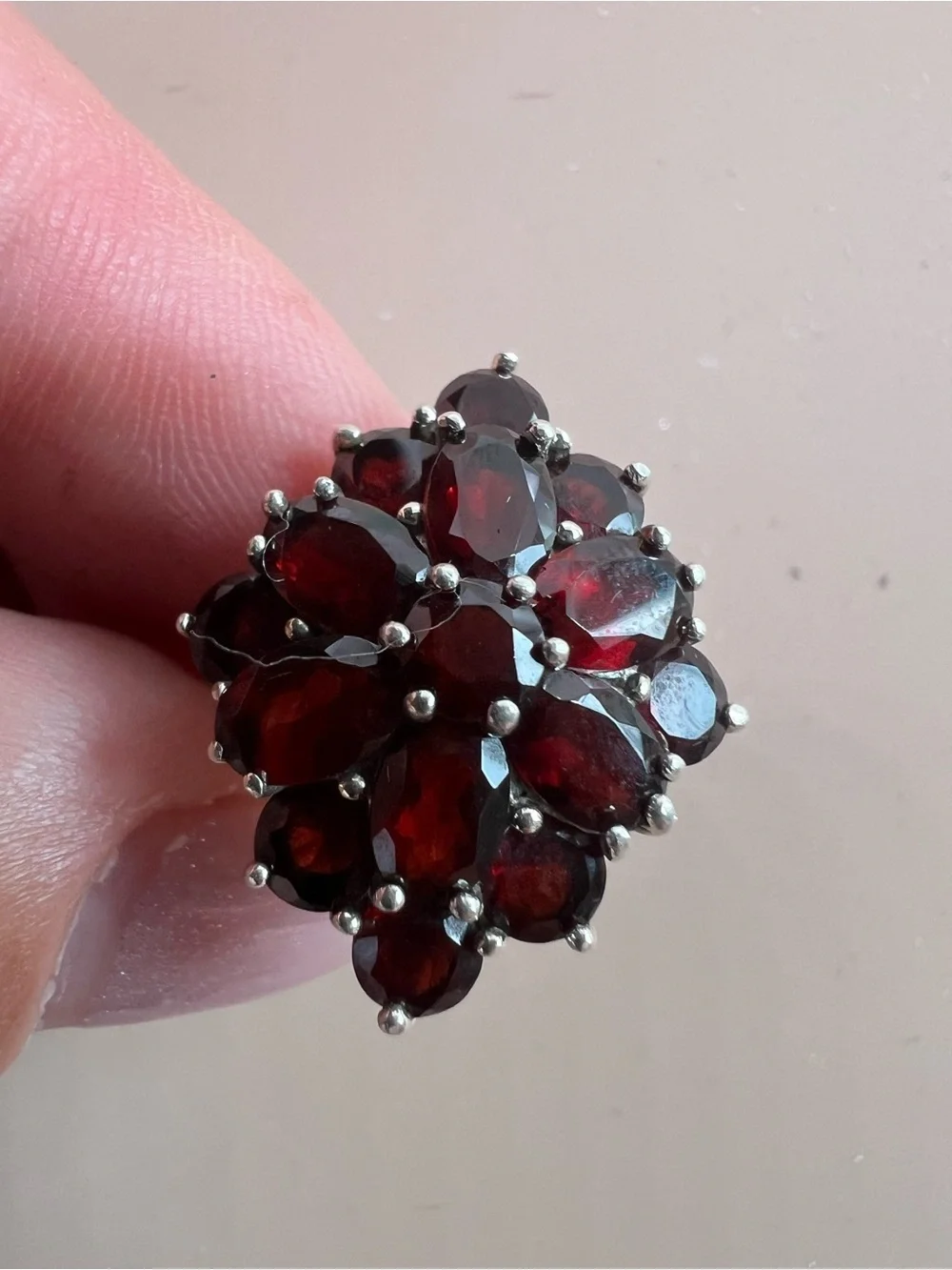 Sterling Silver Garnet Cluster Ring - Deep Red